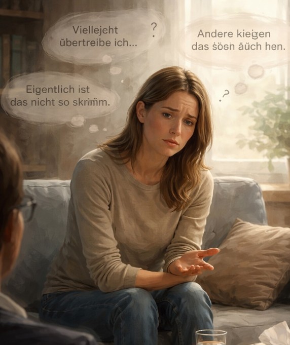 Die Klientin bleibt beobachtend gegenüber sich selbst.