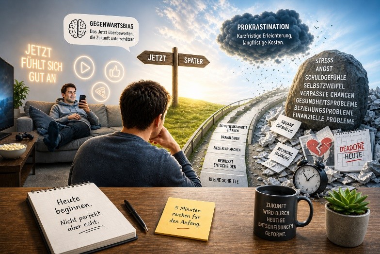 Der Reiz des Jetzt — Gegenwartsbias, Prokrastination und die stille Architektur des Scheiterns
